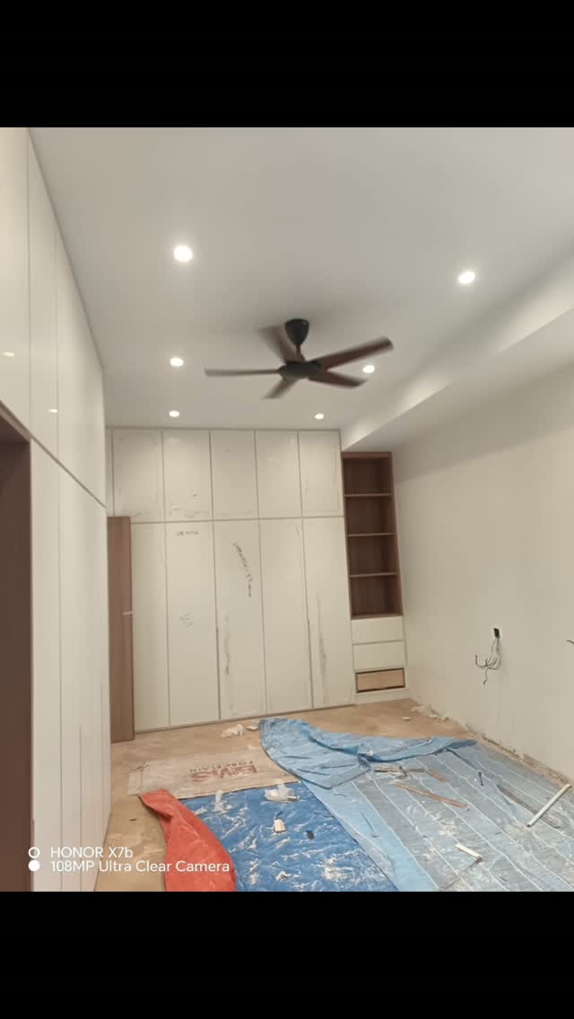 Finished bedroom with fan and LED downlights